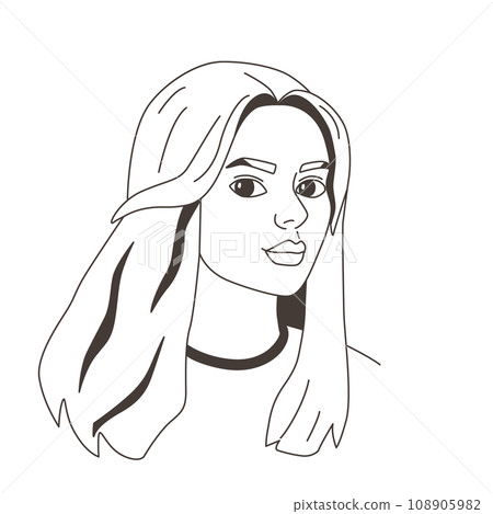 Portrait of woman with long hair in doodle hand drawn style. Avatar of girl, face, head, sketch, lines, outline for design. Simple icon isolated vector illustration. 108905982