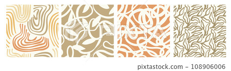 Collection of trendy retro printable seamless patterns. Set with abstract ornament of lines, loops, doodles, leaves. Vector illustration for textiles. 108906006