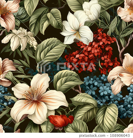 Colorful seamless pattern design of flowers, branches and buds in vintage painting style. Earth tone color palette. Generative AI. 108906043