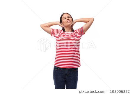 young satisfied cheerful brunette woman in a red-white striped t-shirt on a white background with young satisfied cheerful brunette woman in a red-white striped t-shirt on a white background with 108906222