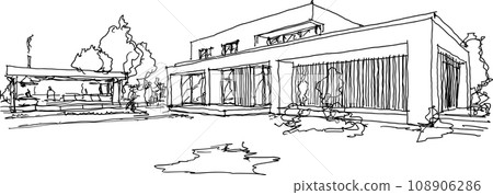 hand drawn architectural sketches of modern two story detached house with flat roof and people around hand drawn architectural sketches of modern two story detached house with flat roof and people around 108906286