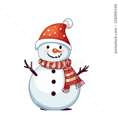 Snowman with a scarf, gloves and hat isolated in a white background in cartoon watercolor style. Flat design. Vector illustration. Snowman with a scarf, gloves and hat isolated in a white background in cartoon watercolor style. Flat design. Vector illustration. 108906348