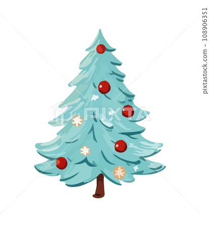 Vector illustration of decorated Christmas tree in snow on white background. Green fluffy xmas pine, isolated on white background. Cute Christmas tree in cartoon watercolor style. Vector illustration of decorated Christmas tree in snow on white background. Green fluffy xmas pine, isolated on white background. Cute Christmas tree in cartoon watercolor style. 108906351