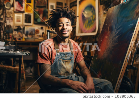 Portrait of disabled male artist on wheelchair in art studio 108906363