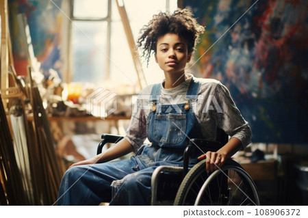Portrait of disabled female artist on wheelchair in art studio 108906372