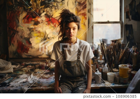 Portrait of young brunette female artist, wearing a worn-out denim apron Portrait of young brunette female artist, wearing a worn-out denim apron 108906385