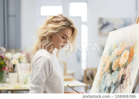 Blonde female artist, passionately engaged with a large canvas 108906386