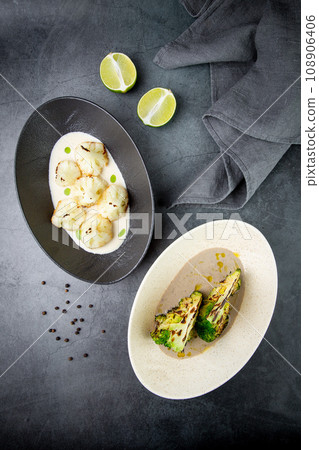 aesthetic cauliflower in white tahini sauce with lime and broccoli 108906406