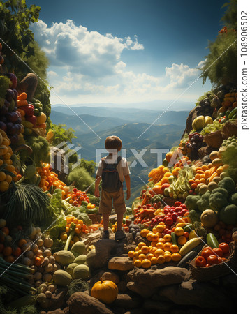 Back View of a Small Child Looking Out Over a Beautiful Vast Valley Standing Amongst Bountiful Mountains of Food Piled High Overflowing with Fresh Fruits and Colorful Vegetables. Generative AI. Back View of a Small Child Looking Out Over a Beautiful Vast Valley Standing Amongst Bountiful Mountains of Food Piled High Overflowing with Fresh Fruits and Colorful Vegetables. Generative AI. 108906502