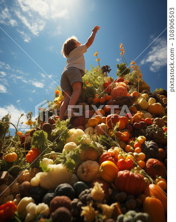 Small Child Climbing Up a Bountiful Mountain of Food Piled High Reaching Up for Fresh Fruits and Colorful Vegetables. Generative AI. 108906503