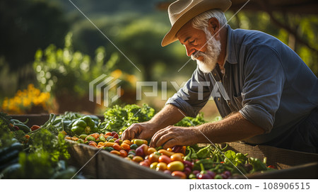 Bearded Farmer Tending to His Fresh and Bountiful Produce Harvest Crates. Generative AI. 108906515