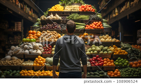 Young Adult Man Standing Amid A Towering Bountiful Display of Fresh Produce. Generative AI. 108906524