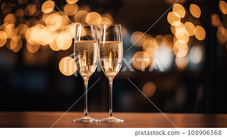 Festive glasses of champagne on table against blurred background. Selective focus, luxurious restaurant atmosphere. Generative AI Festive glasses of champagne on table against blurred background. Selective focus, luxurious restaurant atmosphere. Generative AI 108906568