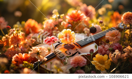 Violin Resting Amid Beautiful Flowers In The Meadow. Generative AI. Violin Resting Amid Beautiful Flowers In The Meadow. Generative AI. 108906621