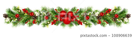 Snowberries with green twigs of Christmas tree, red decorations and cones in a festive garland isolated Snowberries with green twigs of Christmas tree, red decorations and cones in a festive garland isolated 108906639