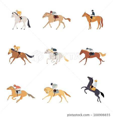 Set of cute cartoon jockeys and race horses 108906655