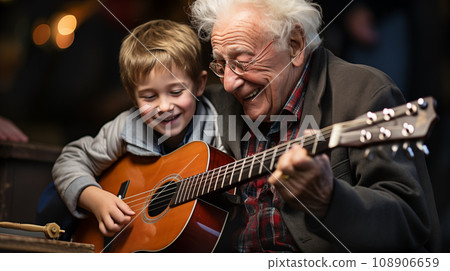 Senior Adult Man Teaching A Young Child To Play the Guitar Generative AI. Senior Adult Man Teaching A Young Child To Play the Guitar Generative AI. 108906659