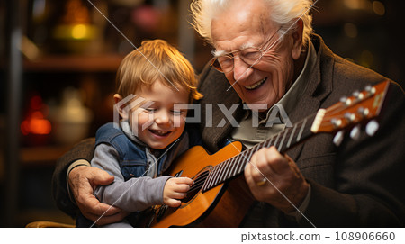 Senior Adult Man Teaching A Young Child To Play the Guitar Generative AI. Senior Adult Man Teaching A Young Child To Play the Guitar Generative AI. 108906660