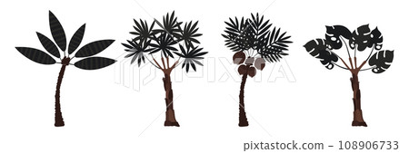 Set of palm trees: coconut and banana. Large carved leaves and dark trunks. Plants. Vector illustration. 108906733