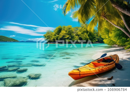 Beautiful paradise beach and sea with kayak boat. Holiday vacation concept Beautiful paradise beach and sea with kayak boat. Holiday vacation concept 108906784