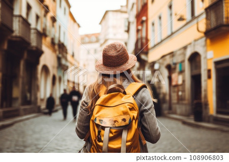 View of a female tourist with a backpack. Guide, tourism in Europe View of a female tourist with a backpack. Guide, tourism in Europe 108906803