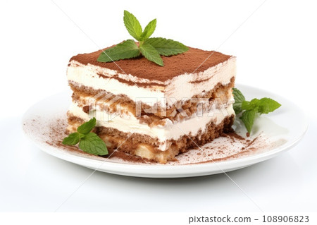 Tasty homemade tiramisu cake, isolated on white background 108906823