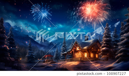 Winter village landscape with pine forest. Small fairy-tale house covered with snow.Fireworks in the sky in honor of New Year's Day and Merry Christmas 108907227