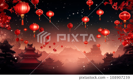 Traditional red Chinese lanterns in the air at night during Chinese Lunar New Year Festival near the river. Traditional red Chinese lanterns in the air at night during Chinese Lunar New Year Festival near the river. 108907239