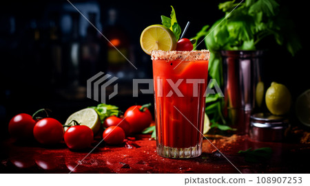 Bloody Mary cocktail in glass on black background. Thick red juice in glass with vegetables and spices on a wooden background. Bloody Mary cocktail in glass on black background. Thick red juice in glass with vegetables and spices on a wooden background. 108907253