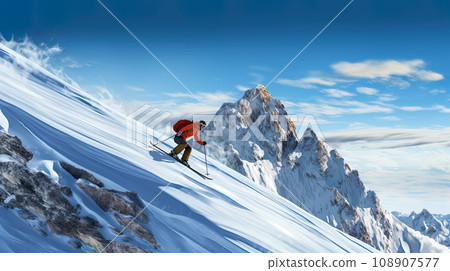 Image of tourists making a fast and thrilling downhill ski descent from a mountain peak Image of tourists making a fast and thrilling downhill ski descent from a mountain peak 108907577