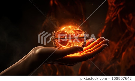 Image of a hand holding a fiery artifact, as if it's a magical object with undiscovered capabilities 108907642