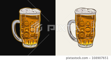 Full glass of beer. Mug with handle and beer foam. Filtered transparent beverage. Vintage illustration on black, white background. Full glass of beer. Mug with handle and beer foam. Filtered transparent beverage. Vintage illustration on black, white background. 108907651