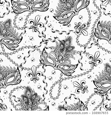 Seamless monochrome pattern with fleur de lis, strings of beads, party streamer, masks. Mardi gras carnival design. Vintage illustration on white textured background. 108907655