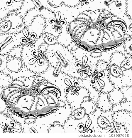 Seamless Mardi Gras pattern with traditional king cake, cinnamon, apples, string of beads, Fleur de Lis sign. Festive holiday design. Vintage illustration for prints, clothing, surface design. Not AI 108907658