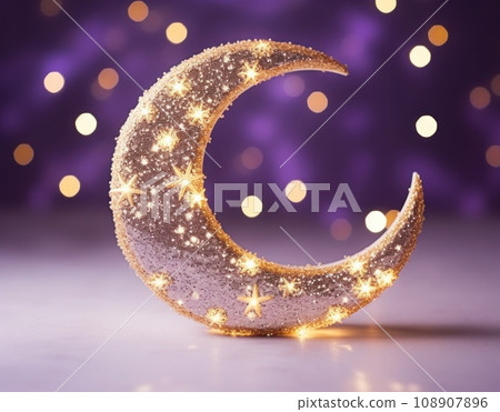 crescent on blurry background with shiny stars crescent on blurry background with shiny stars 108907896