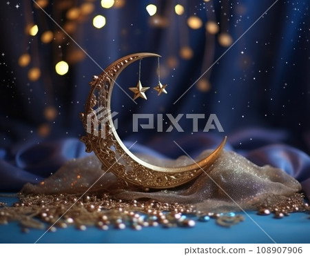 crescent on blurry background with shiny stars crescent on blurry background with shiny stars 108907906