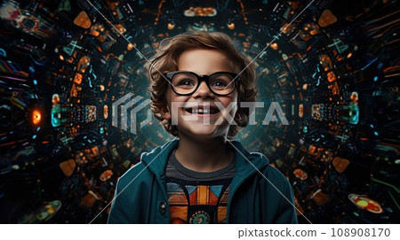 charming young boy, donning glasses, stands and beams with a delightful smile directed at the camera charming young boy, donning glasses, stands and beams with a delightful smile directed at the camera 108908170