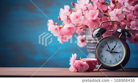 pink alarm clock in the cherry blossom background pink alarm clock in the cherry blossom background 108908430