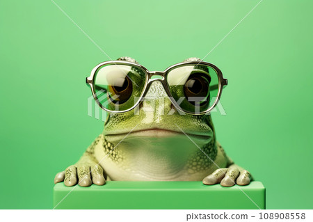 Frog wearing sunglasses on a green background. 108908558