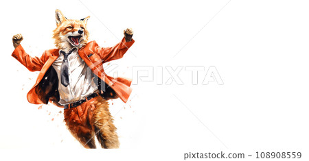 Fox in clothes joyfully dancing. Funny fox in a red jacket and white shirt on a white background with space for text. 108908559