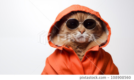 Funny cat in raincoat and sunglasses isolated on white background. 108908560