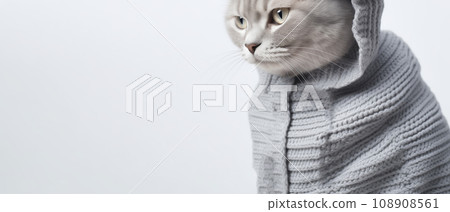 Gray cat in knitted clothes on a white background with space for text. 108908561