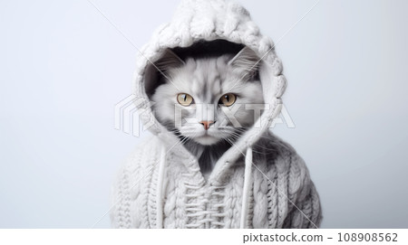 Cat wearing a gray knitted hat and jacket looks at the camera with big eyes. Home pet isolated on a white background. 108908562