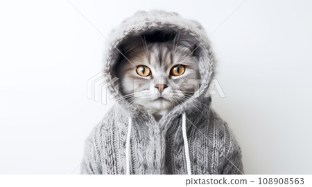 A cute little tabby kitten wearing a gray knitted hat and jacket looks at the camera with big eyes. A cute little tabby kitten wearing a gray knitted hat and jacket looks at the camera with big eyes. 108908563