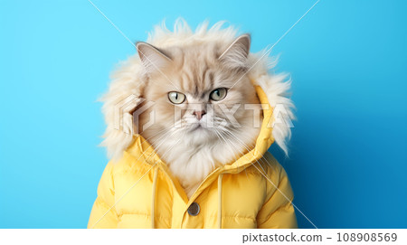 Fluffy cat in a yellow jacket on a blue background. Studio portrait of a cat in winter clothes. Fluffy cat in a yellow jacket on a blue background. Studio portrait of a cat in winter clothes. 108908569