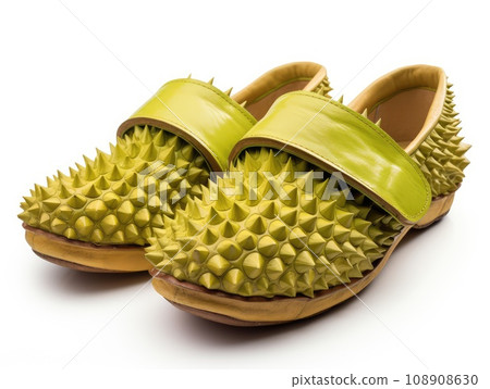 Fantastic Shoes Made of Fresh Fruits and Vegetables, Vegan Fashion, White Background, Creative Shoes 108908630