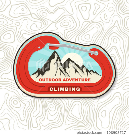 Climbing badge, logo, patch, sticker. Vector. Concept for shirt or logo, print, stamp or tee. Vintage typography design with mountain and old metal climbing ice-axe silhouette. Outdoors adventure Climbing badge, logo, patch, sticker. Vector. Concept for shirt or logo, print, stamp or tee. Vintage typography design with mountain and old metal climbing ice-axe silhouette. Outdoors adventure 108908717