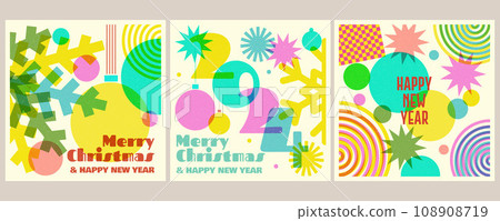 Colorful geometric shape background in trendy riso graph print texture style. Vector illustrator. Merry risograph christmas and happy new year modern background for design and card, covers, package 108908719