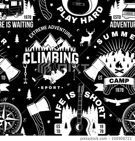 Outdoor adventure seamless pattern, background. Vector illustration. Vintage typography design with compass, guitar, camping caravan car, tent, mountain, axe and forest silhouette. 108908721