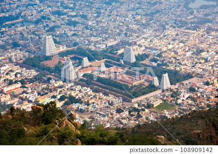 Town Tiruvannamalai with Arulmigu Arunachaleswarar Temple, Tamil Nadu, India. Aerial view. Town Tiruvannamalai with Arulmigu Arunachaleswarar Temple, Tamil Nadu, India. Aerial view. 108909142